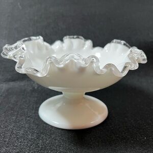 Vintage Fenton Milk Glass Silver Crest Ruffled Footed Candy Dish